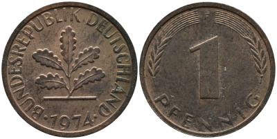 ФРГ 1 пфенниг 1974 F KM 105, J.380 сталь плакированная медью 99-327