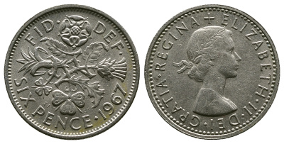 Великобритания 6 пенсов 1967 Елизавета II (1952-2022) KM 903, Spink 4149 медно-никель 4381-863