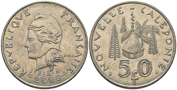 Французская Новая Каледония 50 франков 2008 хижина среди сосен и пальм, (IEOM) KM 13a, Schoen 15a, Lec 128i медно-никель 114-326