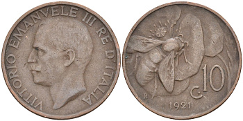 Италия 10 чентезимо 1921 R, пчела, Виктор Эммануил (1900-1946) KM 60 медь 4538-144