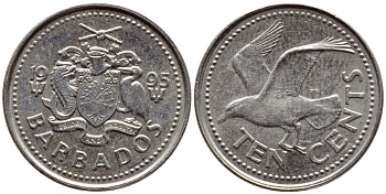 Барбадос 10 центов 1995 смеющаяся (Ацтекская) чайка KM 12 медно-никель 4396-1229