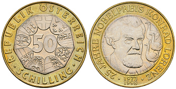 Австрия 50 шиллингов 1998 25 лет присуждению Нобелевской премии Конраду Лоренцу KM 3053 биметалл UNC 221-521