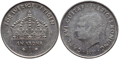 Швеция 1 крона 2001 Карл XVI Густав (1973- ) KM 894 медно-никель 4364-2755