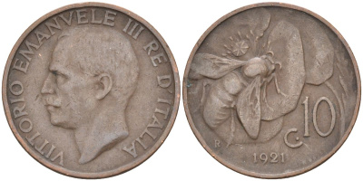Италия 10 чентезимо 1921 R, пчела, Виктор Эммануил (1900-1946) KM 60 медь 4538-144