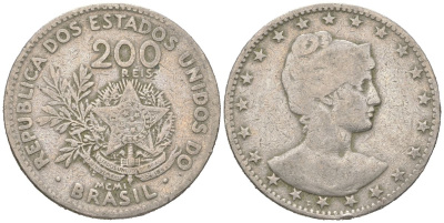 Бразилия 200 реалов 1901 MCMI, голова свободы вправо KM 504 медно-никель 4612-322