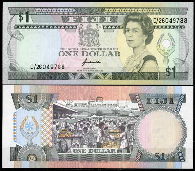 Фиджи 1 доллар ND (1993) Елизавета II (1952-2022), рынок, корабль Pick 89 a бумага UNC (пресс) 449-5-1