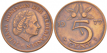 Нидерланды 5 центов 1977 Юлиана (1948-1980) KM 181 бронза 3856-1044