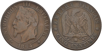 ФРАНЦИЯ 5 САНТИМОВ 1864 BB, НАПОЛЕОН III KM 797.2 бронза 28-635