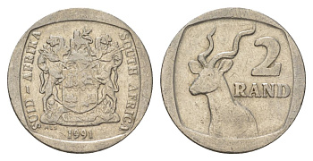 ЮАР 2 ранда 1991 KM 139 медь плакированная никелем 4626-1134