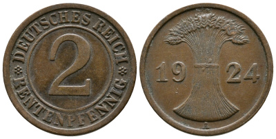 ГЕРМАНИЯ 2 РЕНТЕНПФЕННИГА 1924 A KM 31, J.307 бронза 86-1122