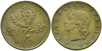 ИТАЛИЯ 20 ЛИР 1958 R ДУБОВАЯ ВЕТВЬ KM 97.1 алюминиевая бронза 4391-1151