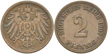 ГЕРМАНИЯ 2 ПФЕННИГА 1907 A KM 16, J. 11, Weege 4 медь 212-332