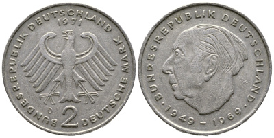 ФРГ 2 марки 1971 D, Теодор Хойс KM 127, J. 407 медно-никель плакированный никелем 47-823