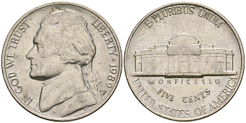 США 5 центов 1989 Р, Томас Джефферсон KM А192 медно-никель    4364-3541