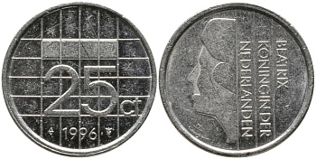 НИДЕРЛАНДЫ 25 ЦЕНТОВ 1996 БЕАТРИКС KM 204 никель 96-1264