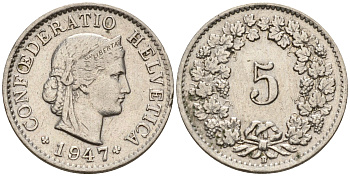Швейцария 5 раппенов 1947 B KM 26  медно-никель    4564-715