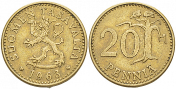 ФИНЛЯНДИЯ 20 ПЕННИ 1963 S ПЕРВЫЙ ГОД KM 47 алюминиевая бронза 3718-1154