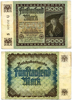 ГЕРМАНИЯ 5000 МАРОК 1922 2 ДЕКАБРЯ 1922, ВОДЯНОЙ ЗНАК Е, С/D В ЗВЁЗДАХ, СЕРИЯ S, ПОРТРЕТ КУПЦА ИМХОФА РАБОТЫ ДЮРЕРА Pick 81, Розенберг 80a бумага VF 8611-35-2-1