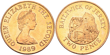 Джерси 2 пенса 1989 Сент-Хелиер, Елизавета II (1952-) KM 55 бронза UNC 4583-142