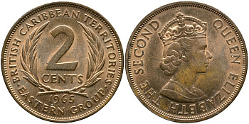 Британские Восточно-Карибские территории 2 цента 1965 Елизавета II (1952-2022) KM 3 бронза 4527-1114