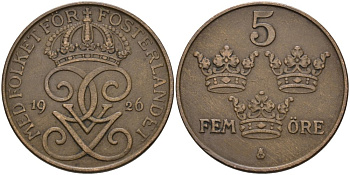 Швеция 5 эре 1926 Густав V (1907-1950) KM 779.2 бронза 4579-117