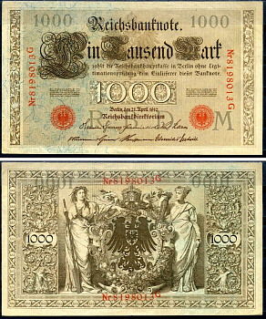 Германия 1000 марок 1910 21 апреля 1910, красная печать, номер семизначный, серия G, буква M, выпуск АПРЕЛЬ - ИЮЛЬ 1918 Pick 44 b бумага 2194-33-2-1