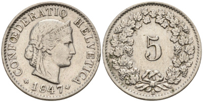 Швейцария 5 раппенов 1947 B KM 26  медно-никель    4564-715