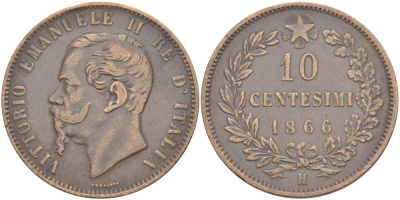 ИТАЛИЯ 10 ЧЕНТЕЗИМО 1866 H, МОНДВОР БИРМИНГЕМ, ВИКТОР ЭММАНУИЛ II (1861-1878) KM 11.3 медь 4526-813