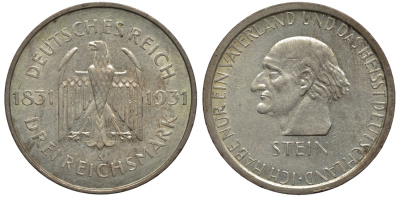 Германия 3 марки 1931 A, 100 лет со дня смерти Генрих Фридрих Карл фон унд цум Штейн J. 348, KM 73 серебро 02-119-44