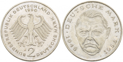 ФРГ 2 МАРКИ 1990 J ЛЮДВИГ ЭРХАРД KM 170 медно-никель 3718-956