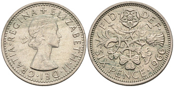 Великобритания 6 пенсов 1966 Елизавета II (1952-2022) KM 903, Spink 4149 медно-никель 4561-1055