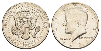 США 1/2 доллара (50 центов) 1971 Джон Кеннеди KM 202b медь плакированная медно-никелем aUNC 4131-926