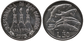 Сан-Марино 50 лир 1975 косяк рыб KM 45 нержавеющая сталь UNC M51-05