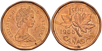 КАНАДА 1 ЦЕНТ 1988 КЛЕНОВЫЙ ЛИСТ, ЕЛИЗАВЕТА II KM 132 бронза 54-127