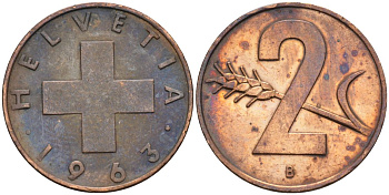 Швейцария 2 раппена 1963 В KM 47 бронза 4582-615