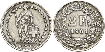 Швейцария 2 франка 1961 KM 21 серебро 4607-542