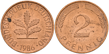 ФРГ 2 пфеннига 1986 D J.381a, KM 106a сталь плакированная медью    4598-916