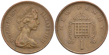 Великобритания 1 пенни 1977 Елизавета II (1952-2022) KM 915, Spink 4237 (B1) бронза 4609-511