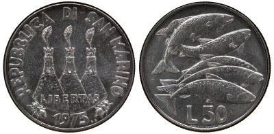 Сан-Марино 50 лир 1975 косяк рыб KM 45 нержавеющая сталь UNC M51-05