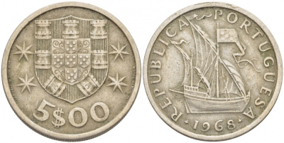 ПОРТУГАЛИЯ 5 ЭСКУДО 1968 ПАРУСНИК KM 591 медно-никель 3718-455