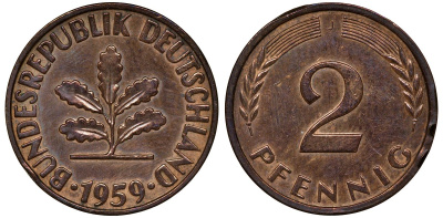 ФРГ 2 ПФЕННИГА 1959 J KM 106, J.381 бронза 72-1067