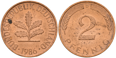 ФРГ 2 пфеннига 1986 D J.381a, KM 106a сталь плакированная медью    4598-916