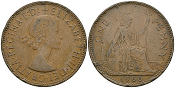 Великобритания 1 пенни 1966 Елизавета II (1952-2022) KM 897, Spink 4157 бронза 81-445