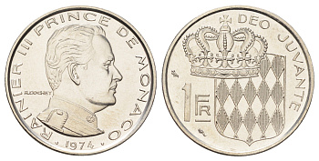 Монако 1 франк 1974 Ренье III (1949-2005), тираж 7.000 экземпляров KM 140 никель BU 4642-146