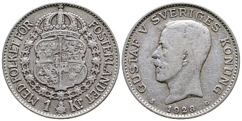Швеция 1 крона 1928 G, Густав V (1907-1950) KM 786.2 серебро 4178-625