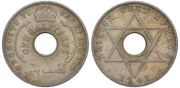 Британская Западная Африка 1/2 пенни 1947 H, Георг VI KM 18 медно-никель 25-1517