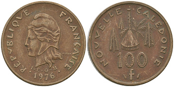 Французская Новая Каледония 100 франков 1976 R·JOLY (с точкой), хижина среди сосен и пальм, (IEOM) KM 15, Schoen 16, Lec 130 никель латунь 4137-641