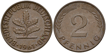 ФРГ 2 пфеннига 1961 G J.381  KM 106 бронза  4598-723