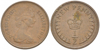 Великобритания 1/2 пенни 1973 Елизавета II (1952-2022) KM 914, Spink 4239 бронза 112-1245