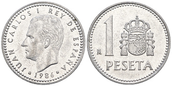 Испания 1 песета 1986 M, Хуан Карлос I (1975-2014) KM 821 алюминий 85-641
